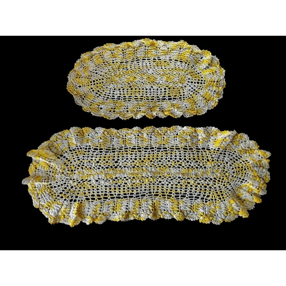 Handmade Crochet Table Runner Set Yellow & White Floral 34" & 23” Granny Core